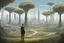 Placeholder: man standing in open countryside, with trees on one side and a pristine futuristic city on the other side