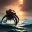 Placeholder: franz frazetta style, dread kraken beneath sea, sunrise, open seas, primordial