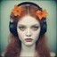 Placeholder: Grunge Polaroid head shot of doll faced lily cole, orange pouty bee stung lips, red nose, hair adorned with tiny flowers, red cheeks and nose, headphone