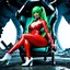 Placeholder: White woman with long green hair, a good, athletic body, nice legs, and a large bust, dressed in a red latex suit and white boots, sitting in an alien-like technological chair, with a destroyed spaceship in the background.