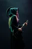 Placeholder: goth girl(dressed as the grim reaper, hood back) rockin' on the guitar, leaning back