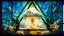 Placeholder: a nuclear explosion cloud(middle) framed from behind by a triangle of stained glass, the wind and smoke from the explosion forming shapes of dancing women with small angel wings(left and right foreground) like cherubs in the clouds, religiose art
