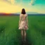 Placeholder: woman standing in flower field, sunset, short brown hair, back view, green dress, windy, sunshine