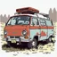 Placeholder: drawn of a rusty minivan in a 70's illustration style