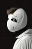 Placeholder: Planet Mercury portrayed as a masked human wearing robes, the right side of the mask is black with open white eye, the left side of the mask is white with closed eye.