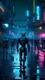 Placeholder: slums of a city, many broken humanoid robots walking towards the camera, scary, neon lights, drone shot, cyberpunk, digital art, 4k