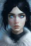 Placeholder: Young lady who is black witch and has Black hair with a white tuft in the front and great bower and snow skin and light blue eyes