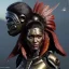 Placeholder: Maori cyber woman, sci-fi, rounded face, blood, black, gold, brown, samurai helmet, decorative color feathers, retro, bamboo, leather, soft color, highly detailed, art stations, concept art, smooth, unreal engine 5, god rays, ray tracing, RTX, lumen lighting, ultra detail, volumetric lighting, 3d, finely drawn, high definition, high resolution.