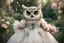 Placeholder: an anthropomorphic, owl bride happily throwing a bouquet in a beautiful garden. The owl has fluffy feather in shades of light brown and grey with distinct tabby markings on its face. Its large, expressive eyes are a deep emerald green and it has a small, pink nose. The owl is wearing embroidered white lace bride dress, tulle, gemstones, pearls, adorning the hem and bodice. Behind her, a celebrating crowd, owls and people dressed in elegant clothes, wedding food and cake on the tables. Behin