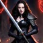 Placeholder: Kat Dennings holds The Deicide, a sword of immense power, crafted in the depths of hell itself. The double-edged blade, a design that strikes fear into the hearts of demons. The hilt adorned with pentagrams, symbols of dark magic and ancient power. And the handle, pulsating with dark energy, ready to be wielded by a warrior of unmatched skill. The God Slayer in hell, a story waiting to be told through art.