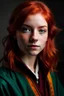 Placeholder: A girl with red hair and green eyes and she is wearing a Hogwarts robe