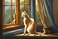 Placeholder: Elegant feline, oil painting, impressionism style, stunning slender Siamese cat in a window in Thailand observing Buddha statue, beautiful, artistic, detailed