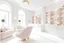 Placeholder: european beauty salon space in fashion photography style, with the color palette of white, sand color, pink and gold and cozy ambience