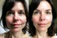 Placeholder: A selfie of a brunette woman, middle short hair, showing a 27-year-old European woman. She has white skin, tousled brown hair, face without makeup, big round dark brown eyes, cute profiled nose, detailed full lips, skin texture. Split screen and show the same face but 15 years older