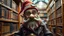 Placeholder: steampunk gnome wearing monocle in library old and bald