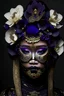 Placeholder: Beautiful vantablack indonesian woman portrait, adorned with vantablack materiál black obsidian ribbed metallic golden filigree floral embossed half face masque, white and black Dusty gradient and gól make up on, adorned with white cathalea orchid, and jasmine and violet orchid floral rococo headdress wearing vantablack materiál lace effect, golden filigree chain effect embossed gothica decadent costume organic bio spinal ribbed detail of rainy moonlight gothica and streetlighta bokeh background