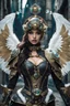 Placeholder: Fullbody of Steampunk armor, burka,beautiful angel wings, angry,malicious, goddess, warrior girl, crystal, broken glass, jewelry, ornements, half opened mouth, starcraft, magical orbe, cat eyes,white face,scifi, technology, photography