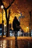 Placeholder: night yellow lights over the street trees autumn leaves under feet ,a Student adult girl with books in her hand walking in street looking to camera a boy walks after she few meters away her back