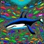 Placeholder: a very detailed orca in the ocean surrounded by a school of little fishes. Realistic, underwater world, enchanting, dangerous, colorful.