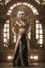 Placeholder: Creation: full body and headshot of a skinny Cleopatra, with a silver bob hairstyle, standing in a steampunk setting.