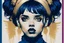 Placeholder: poster in two gradually, a one side the Singer Danish MØ face illustration by <Yoji Shinkawa> and other side the Singer Melanie Martinez face illustration by <John Kenn Mortensen>, symmetry, darkblue and gold tones,