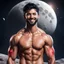 Placeholder: Hyper Realistic Shirtless Muscular Young Handsome man with beard & short black hair & red eyes on moon smiling in outer space