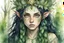 Placeholder: fantasy watercolor portrait of a young female forest druid elf with startling green eyes, black hair with green braids. wearing a crown of thistles. yellowish-brown skin and green freckles. background primeval forest