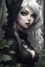 Placeholder: CAT GIRL, goth, forest, nature, cartoon, leaves, half black half white hair, boobs, portrait