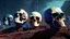 Placeholder: a picture of a dark, comedic, anatomically correct wall of colorful tightly packed stacked cyborg skulls of varying sizes and expressions, photo realistic, insanely meticulous, highly detailed, part of a collection of bones on display, 64k, dystopian, vray