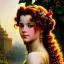 Placeholder: Hyperdetailed oil on canvas, young robyn lively by an ornate fountain, goldfish pond, lotus, detailed face, long muti-hued red curly hair; by gaspar camps, maxfield parrish, alphonse mucha, cyril rolando, dan mumford; luminous colorful sparkles, glitter, airbrush, octane render, volumetric lighting, 16k