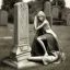 Placeholder: Woman crying laying next to a tombstone, cute, beautiful