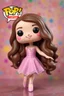 Placeholder: Funko Pop, very young female 12 , long wavy brown hair, pink ballerina dress, dance pose, smiling, very happy, colorful background, face painted, typography, 3D render.