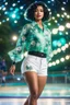 Placeholder: Influencer wearing blue-green button-up crop top, transparent floral print sleeves, white high-waist button-up shorts, sports short curly black hair with flower clips, dominates a vintage skating rink scene, surrounding bokeh lights twinkle, captivating, UHD drawing, ultra-realistic, dramatic lighting.forest Steps: 25, CFG scale: 7, width: 512, height: 768, Seed: undefined, Clip skip: 2, baseModel: SD1