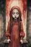 Placeholder: Girl feel nauseous, watercolor illustration by <John Kenn Mortensen>, darkred tones,