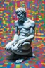 Placeholder: Artistic photo in the audacius style of Jill Greenberg, upclose striking image about "The Thinker statue", the statue as main focus in a white room with his body covered in movie scene shadows playing on the body about news and movie scenes. Exploding into the air are colourful matrix data and virtual numbers, on the floor are broken pieces of statue, questioning the role of deep thought in an increasingly digital and disconnected world, , extravagant, barroque escene