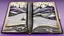Placeholder: 3d, egy kinyitott régi kockás füzet kézírással teleírva egymás alatti hosszab, és rövidebb sorok, és listák, de nem olvasható betükkel, around weird whimsical landscape sharp lines, many different size fade pale eyes, dremlike vibe, fog, dark purple, gray, black, white, brown. Whimsical style of Chagall , of Minjae Lee and Anton Semenov, Bosch, lonely in neurotipical life, neuron network background, surreal vibe