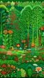 Placeholder: A green forest with flowers designed in Oaxacan alebrijes painted by Lucas van Leyden