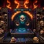 Placeholder: DJ of the damnded, insanely detailed DJ booth in hell, MID set, speakers and equipment made of bone, anatomically correct, add more skulls in th audience, photorealism, vray, 8k 3d, woofers in all empty eye sockets of stage equipment, wide angle, telephoto, from audience, all multicolored skulls,