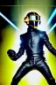 Placeholder: Metallic Cyber-punk man with camera-mask, old AKG-style headphones, golden rings. Fencing mask covers cheeks. Good body shape, Karate. Body and head full of integrated. old-fashioned cameras. Ancient silver telephone attached to perfect body, trunk. 5th dimensional Escher tiling background. Daft Punk, Tron Movie. Matrix movie clothes, tippet. Black latex areas in leather surfaces body. 1990's. Ancient AKG-microphone as mouth. Closely packed holes. Minimalistic fashion haute coutur