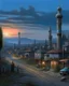 Placeholder: A gray Arabian town at twilight designed in pacific Northwest totem poles painted by George Inness