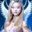 Placeholder: portrait of a beautiful mongolian woman with an angel face smiling,long blond hair, blue eyes, pink and blue dress, jewels, soft light aura