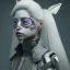 Placeholder: Portrait, Cyber rabbit mask teenager woman, color makeup, grey hair, rounded face, geisha style hair, white skin, pattern dress, velvet, vibrant color, cyberpunk style, highly detailed, art stations, concept art, smooth, unreal engine 5, god rays, ray tracing, RTX, lumen lighting, ultra detail, volumetric lighting, 3d, finely drawn, high definition, high resolution, gradient background