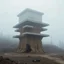 Placeholder: Fotografia di una struttura una torre con vari piani sporgenti, sostenuti da un nucleo centrale che appare parzialmente eroso o scavato. L'aspetto del materiale centrale sembra essere di roccia o terra, come se l'edificio fosse stato costruito direttamente su un affioramento naturale. La torre ha delle piattaforme orizzontali in cemento che contrastano con il nucleo centrale. L'ambiente circostante è nebbioso, con terreno accidentato e alberi sullo sfondo. La scena è surreale e apocalittica