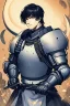 Placeholder: Male version of Motoko Kusanagi from "Ghost In The Shell (1995)", knight in steel plate armour, long black hair, pretty face, dignified, alone