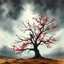 Placeholder: create a wide watercolor painting of a bare, ancient tree with vivid red blossoms under a stormy autumn sky, lightning illuminating grey clouds, icy-necked black-and-white vulture watching silently, amber leaves scattered, fading background, emotional depth, apocalyptic and contemplative tone --v 7 --ar 16:9