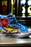 Placeholder: A converse sneaker, superman stickers all over sneaker