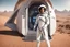 Placeholder: photorealistic slim woman ina spacesuit with dark hair and white boots in a heroic pose at the entrance to a spaceship in the desert