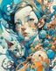 Placeholder: Abstract biomorphic mixed-media painting of woman with Siamese ca, caught in a dynamic off-balance pose inside [SCENERY]. Build the figures from irregular floating shape-cells, softly warped anatomy, oversized curious eyes, rounded mask-like faces, playful distorted proportions, and interlocking organic fragments that feel hand-cut and reassembled. Use pastels with translucent alcohol-ink blooms, watery pigment stains, dry watercolor edges, milky gradients, saturat