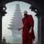 Placeholder: Portrait of a monk, fog, distant asian temple, profile, grim, dark, Frank Frazetta, Greg Rutkowski, hyperdetailed, dnd, trending on Artstation, Splash screen art, dynamic lighting, hyperdetailed, intricately detailed, a masterpiece, 8k resolution, high contrast, bearded, red robe,