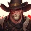 Placeholder: Portrait, bearded, Gunslinger, Cowboy, cowboy hat, serious face, Blood Splatter